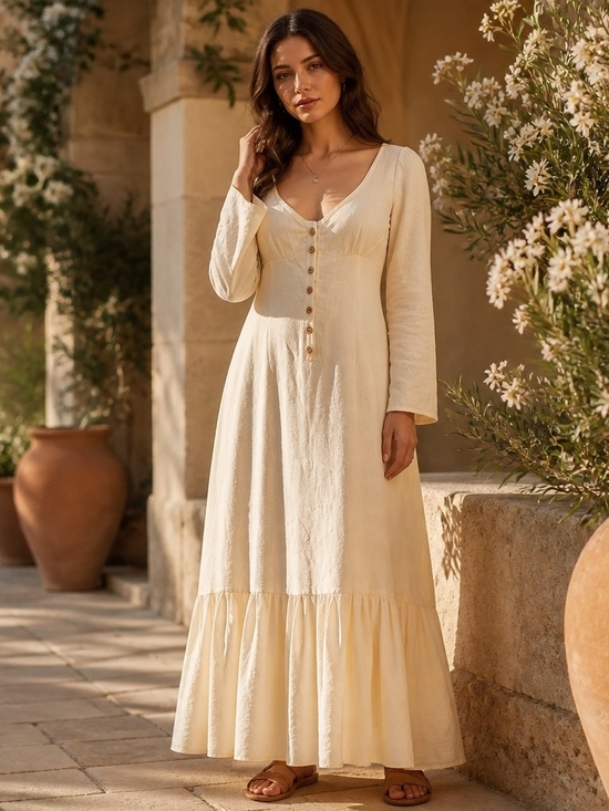 Dresses & Skirts - Elegant Cream Button-Front Maxi Dress with Ruffle Hem
